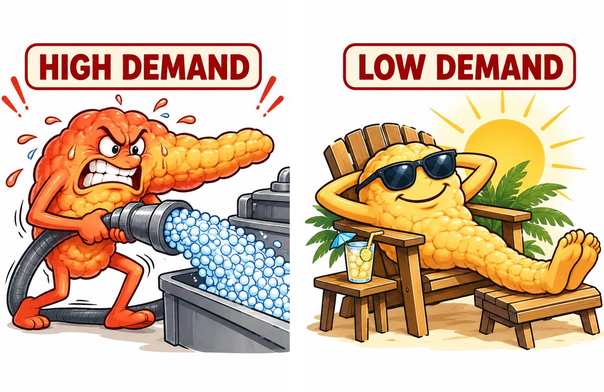 Two cartoon pancreases. High demand: one strains and sweats as it pumps out insulin through a hose. Low demand: one relaxes in a beach chair.